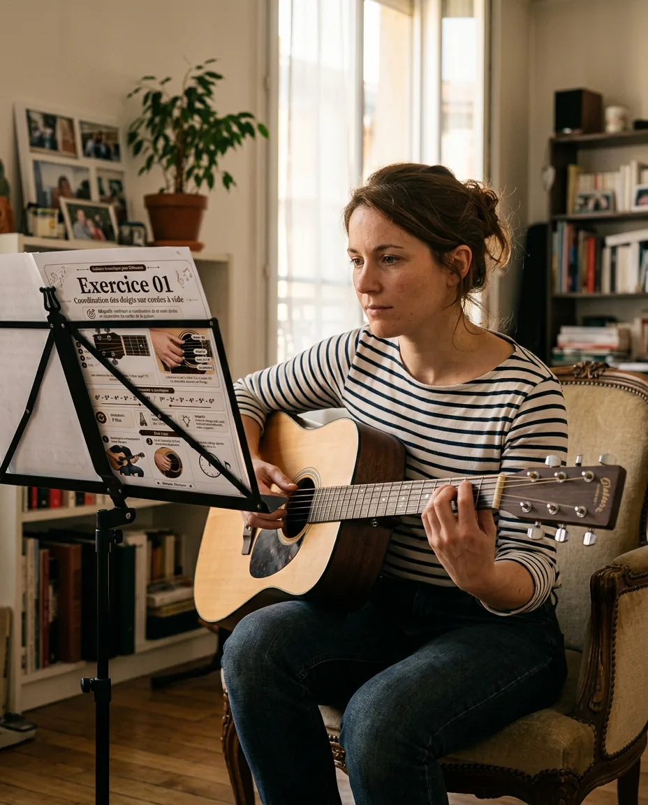 Femme pratiquant la guitare avec le guide imprimé
