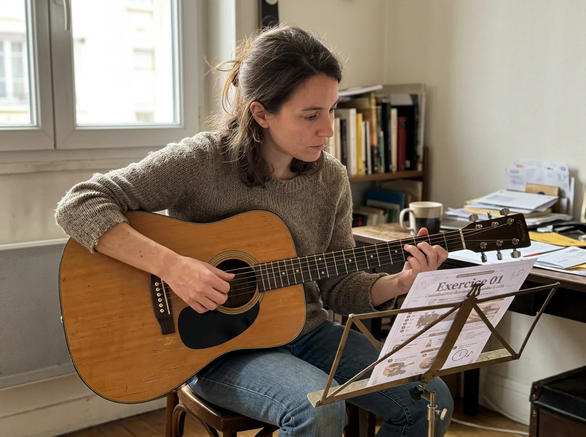 Une élève utilise le guide imprimé pour pratiquer la guitare acoustique
