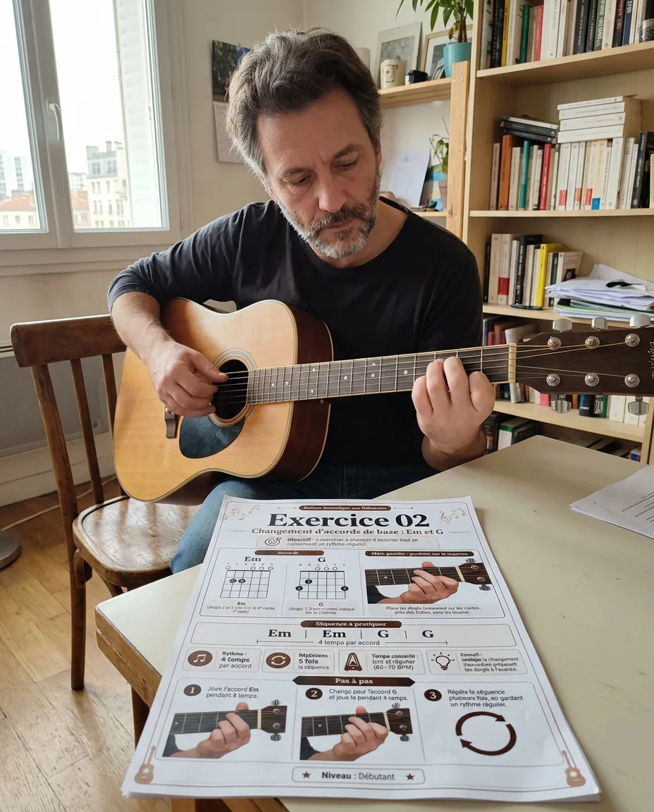 Homme pratiquant les accords avec le guide imprimé
