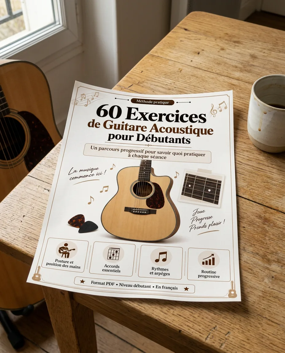 Guide de guitare imprimé sur une table en bois
