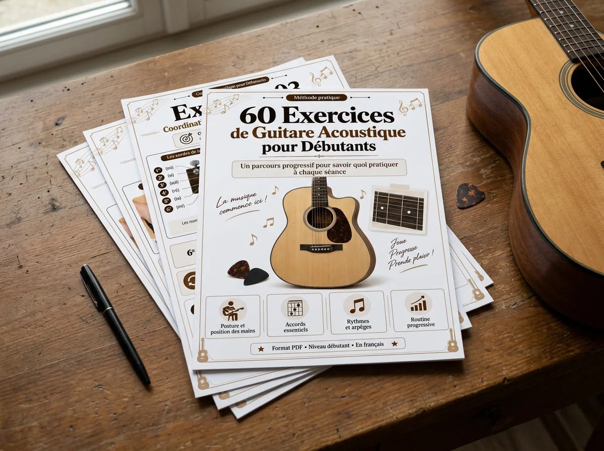 Guide de guitare imprimé au format A4 sur une table en bois