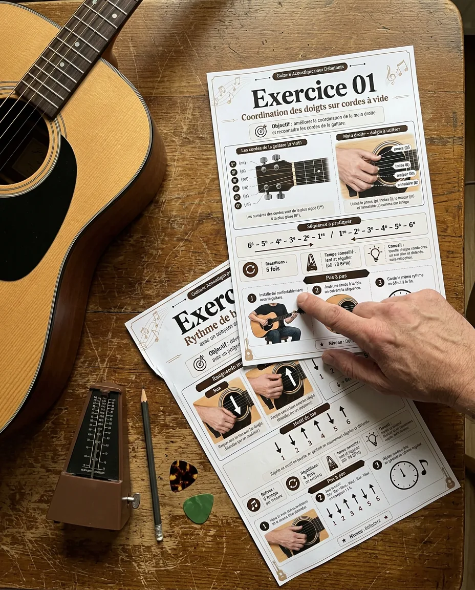 Pages d’exercices imprimées avec guitare et métronome